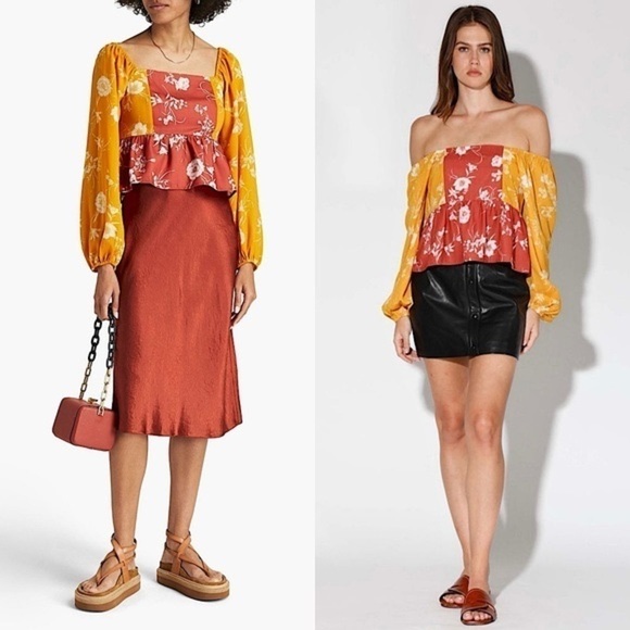 WALTER BAKER 70s Floral Colorblock Off Shoulder Puff Long Sleeve Ruffle Top M - Picture 1 of 8